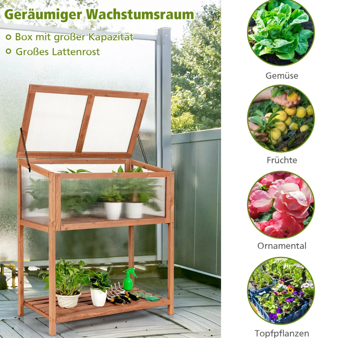 Tragbares Gewächshaus hölzernes Gewächshaus Frühbeet mit Ablage 90 x 49 x 104,5 cm Natur