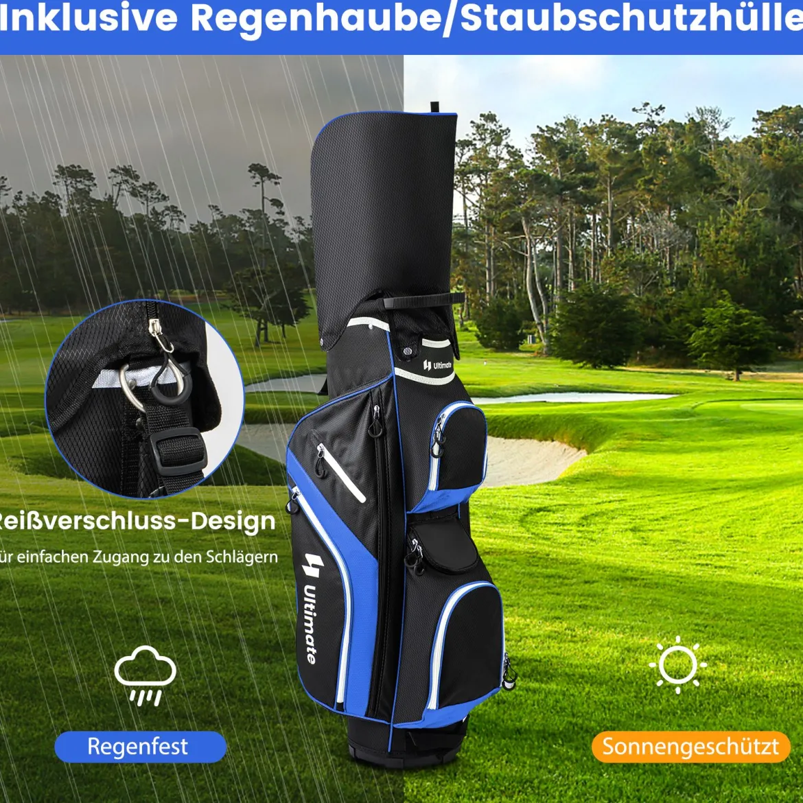 Tragbares Golf Cart Bag mit 14 er Unterteilung & Regenhaube Golfbag Leichte Golftasche Blau