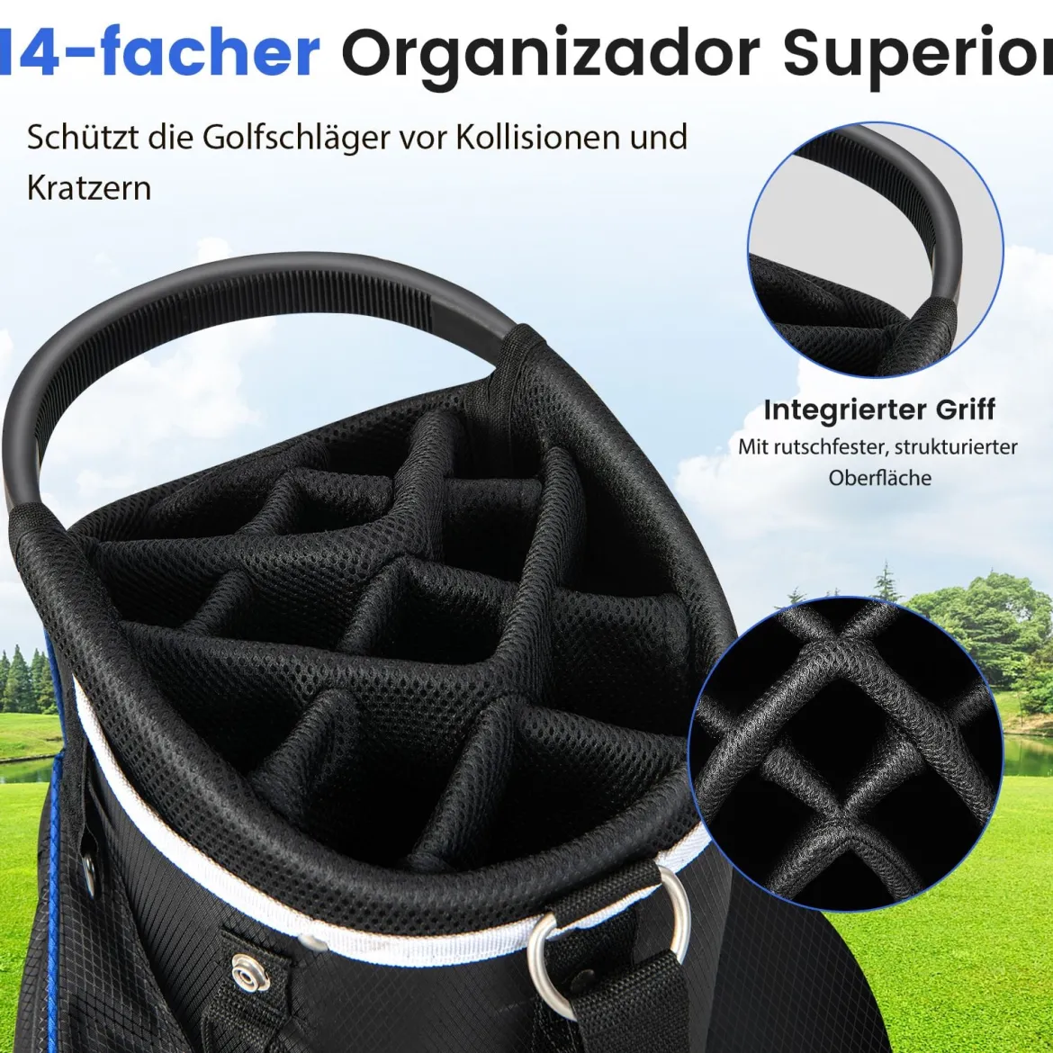 Tragbares Golf Cart Bag mit 14 er Unterteilung & Regenhaube Golfbag Leichte Golftasche Blau