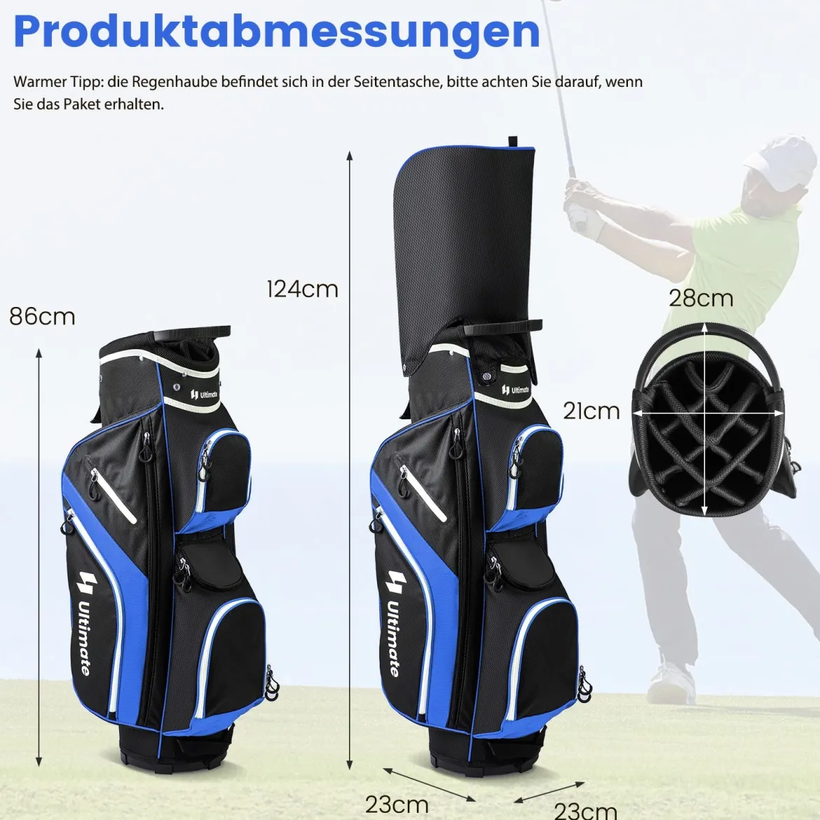 Tragbares Golf Cart Bag mit 14 er Unterteilung & Regenhaube Golfbag Leichte Golftasche Blau