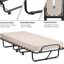 Tragbares Gästebett auf Rollen mit Memory Schaum Matratze 80 x 190 x 33 cm Hellbeige hergestellt in Italien Herkunft: Italien