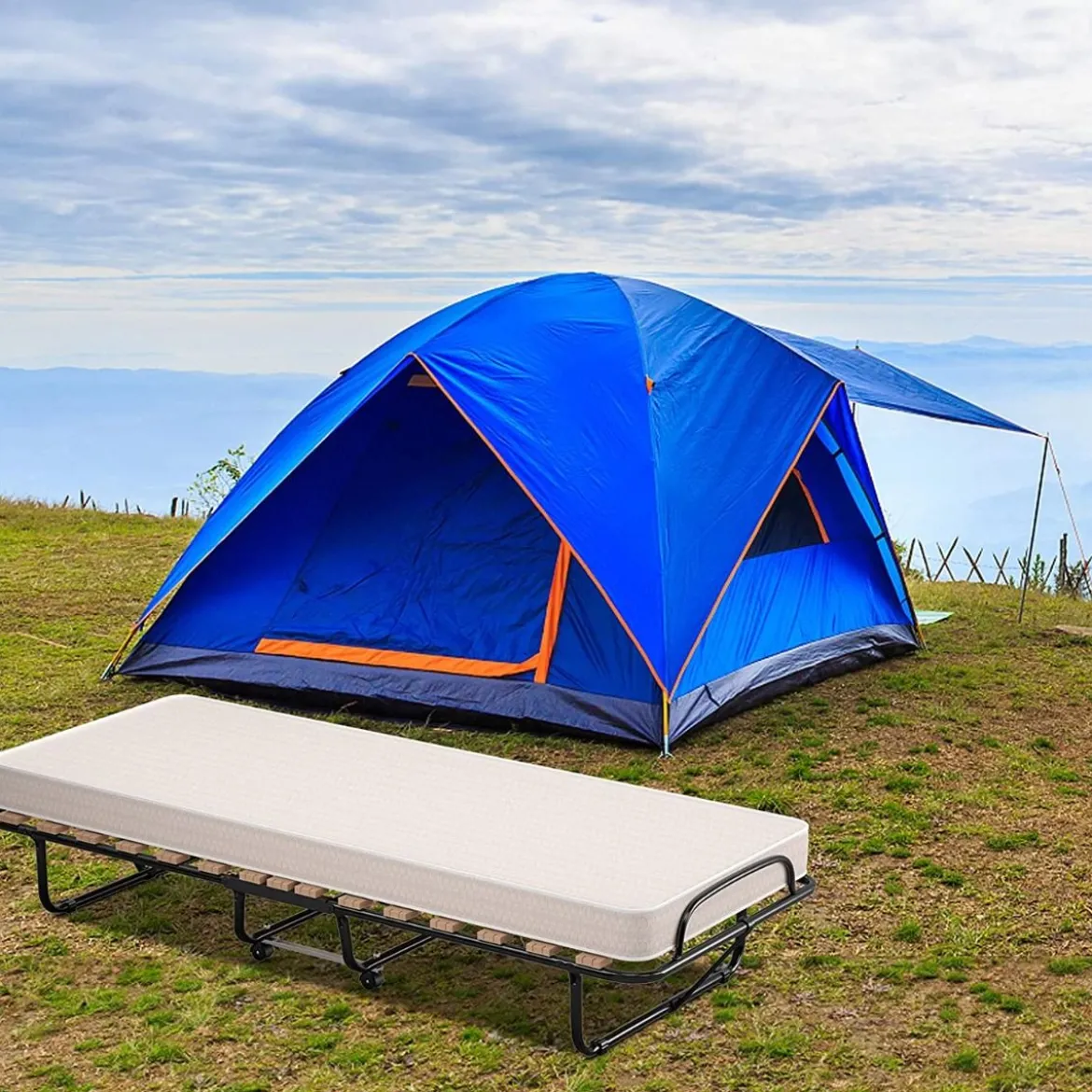 Tragbares Gästebett auf Rollen mit Memory Schaum Matratze 80 x 190 x 33 cm Hellbeige hergestellt in Italien Herkunft: Italien