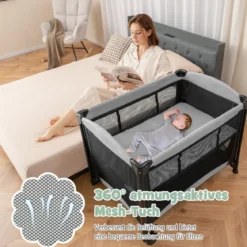Tragbares 5-in-1-Babybett mit Reisebett & Wiege & Laufstall & Wickeltisch Schwarz + Grau