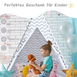 Tragbares Kinder SpielzeltIndianerzelt tragbar Stoffzelt Spielhaus für Kinder 120 x 120 x 160 cm Weiß + Grau