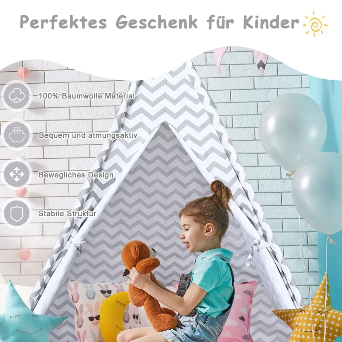 Tragbares Kinder SpielzeltIndianerzelt tragbar Stoffzelt Spielhaus für Kinder 120 x 120 x 160 cm Weiß + Grau