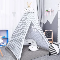 Tragbares Kinder SpielzeltIndianerzelt tragbar Stoffzelt Spielhaus für Kinder 120 x 120 x 160 cm Weiß + Grau