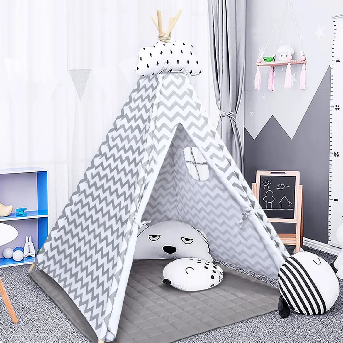 Tragbares Kinder SpielzeltIndianerzelt tragbar Stoffzelt Spielhaus für Kinder 120 x 120 x 160 cm Weiß + Grau