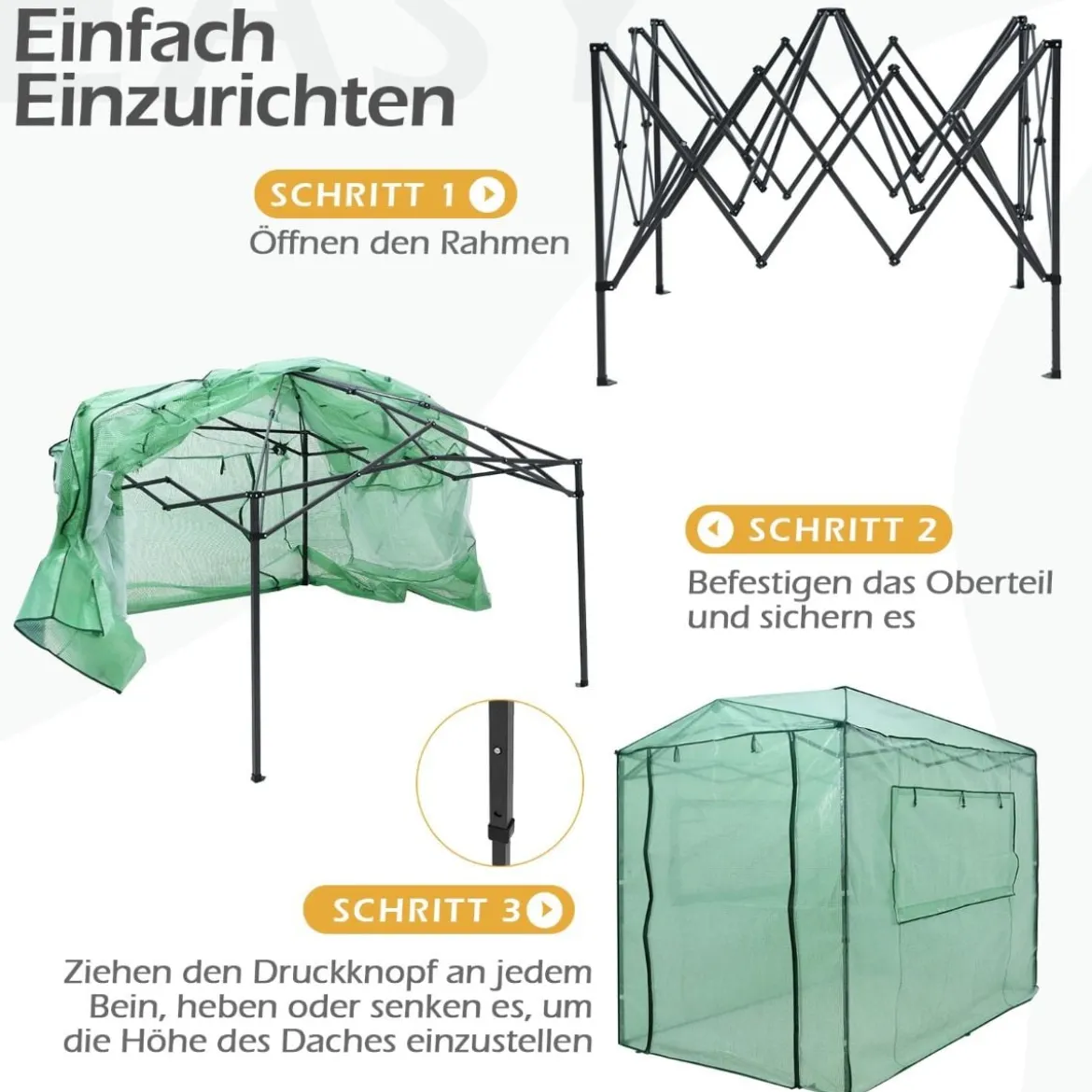 Tragbares Pop-up-Gewächshaus Begehbares Gartengewächshaus 180 x 250 x 230 cm Grün