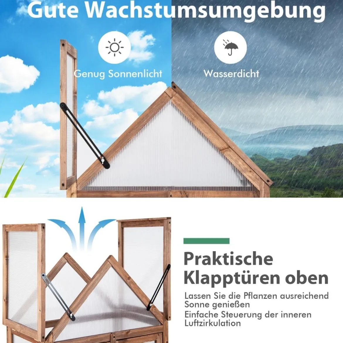 Tragbares 3-stöckiges Mini-Gewächshaus aus Holz mit Abnehmbaren Regalen Transparent