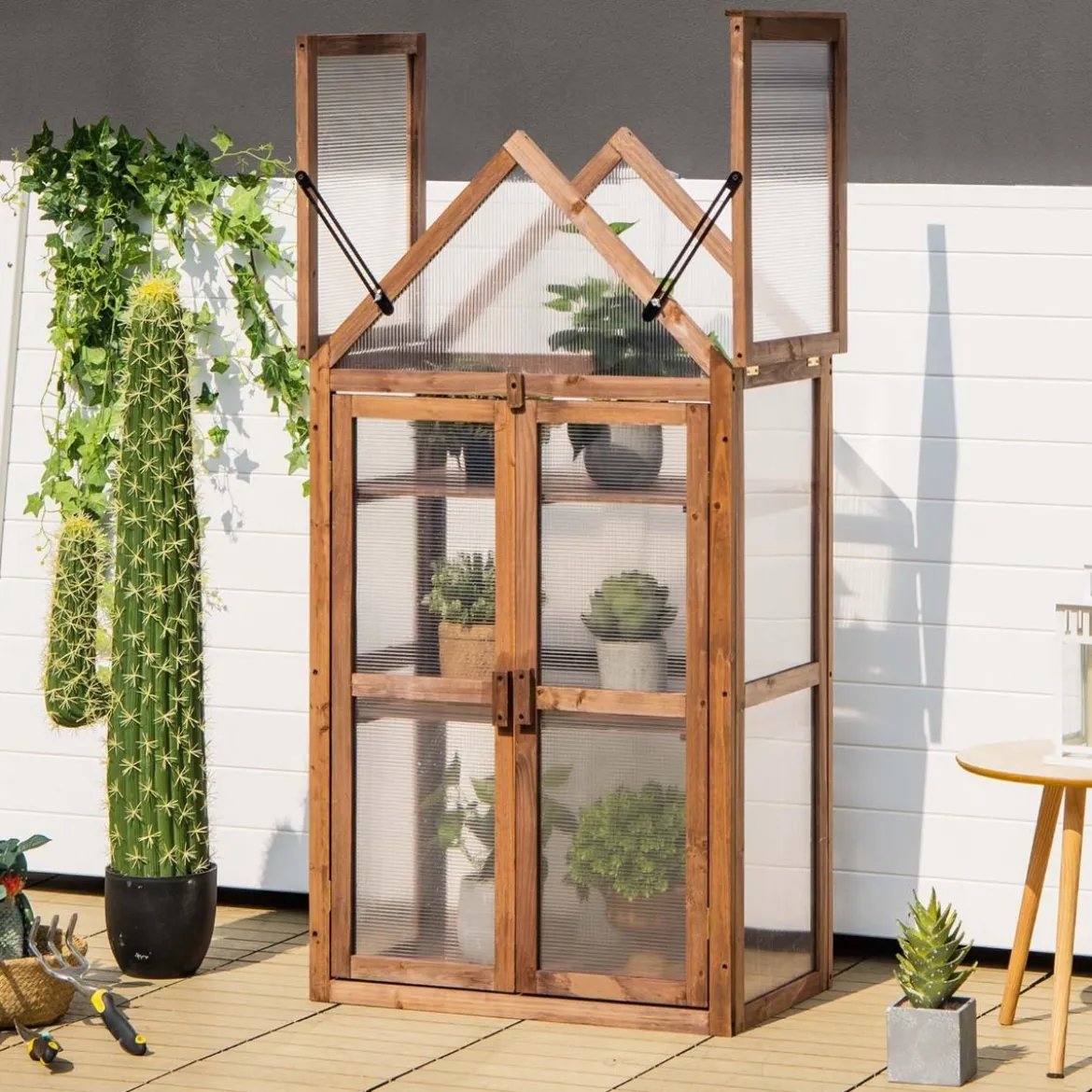 Tragbares 3-stöckiges Mini-Gewächshaus aus Holz mit Abnehmbaren Regalen Transparent