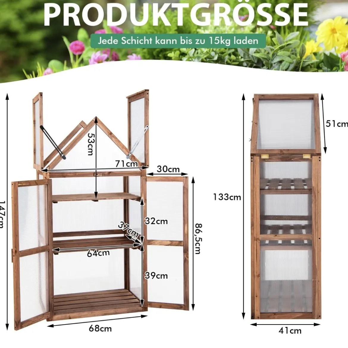 Tragbares 3-stöckiges Mini-Gewächshaus aus Holz mit Abnehmbaren Regalen Transparent
