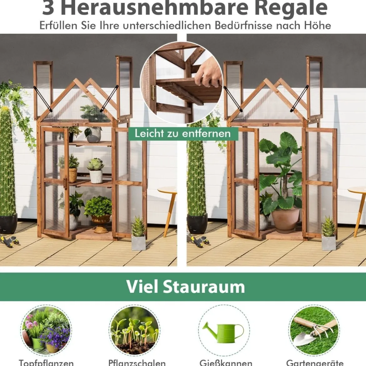 Tragbares 3-stöckiges Mini-Gewächshaus aus Holz mit Abnehmbaren Regalen Transparent