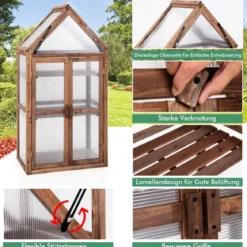 Tragbares 3-stöckiges Mini-Gewächshaus aus Holz mit Abnehmbaren Regalen Transparent