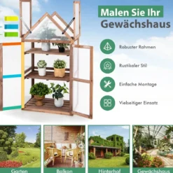 Tragbares 3-stöckiges Mini-Gewächshaus aus Holz mit Abnehmbaren Regalen Transparent