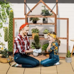 Tragbares 3-stöckiges Mini-Gewächshaus aus Holz mit Abnehmbaren Regalen Transparent