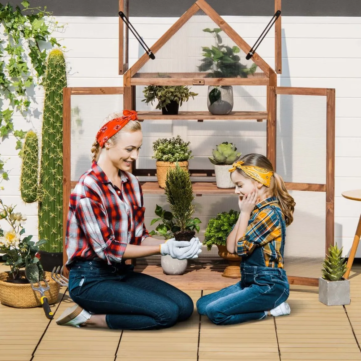 Tragbares 3-stöckiges Mini-Gewächshaus aus Holz mit Abnehmbaren Regalen Transparent