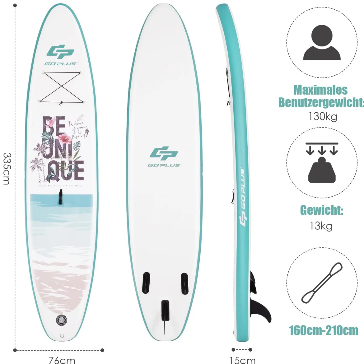 Tragbares Surfbrett Stand Up Surfbrett Aufblasbares Board 335 x 76 x 16 cm Blau