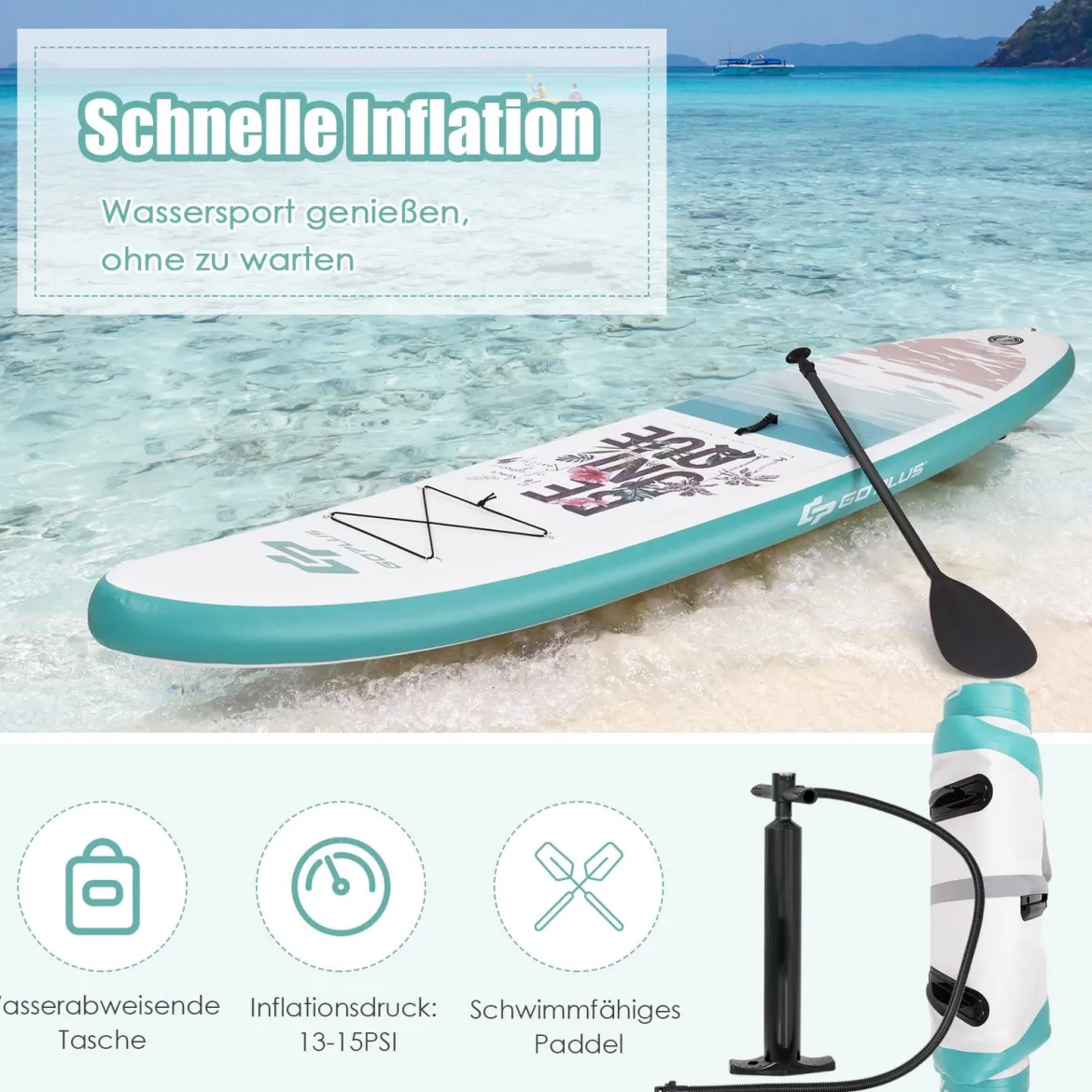 Tragbares Surfbrett Stand Up Surfbrett Aufblasbares Board 335 x 76 x 16 cm Blau