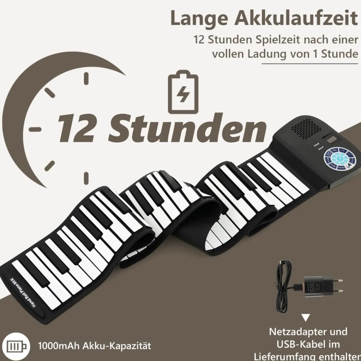 Tragbares 88 Tasten Roll Up Piano mit 128 Rhythmen & MIDI-Bluetooth Silikon Schwarz