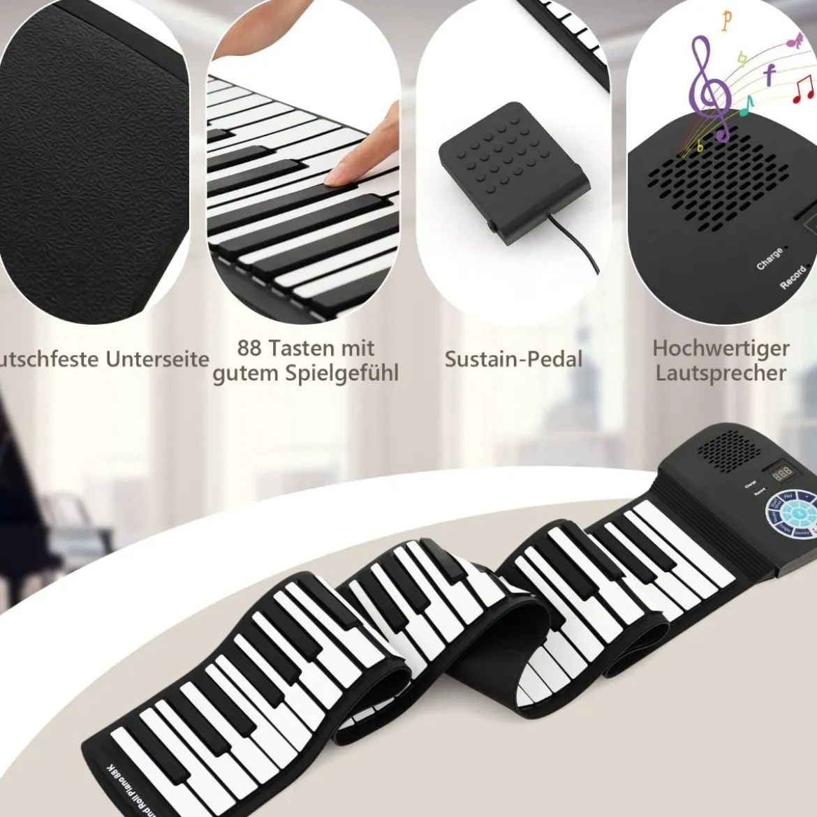 Tragbares 88 Tasten Roll Up Piano mit 128 Rhythmen & MIDI-Bluetooth Silikon Schwarz