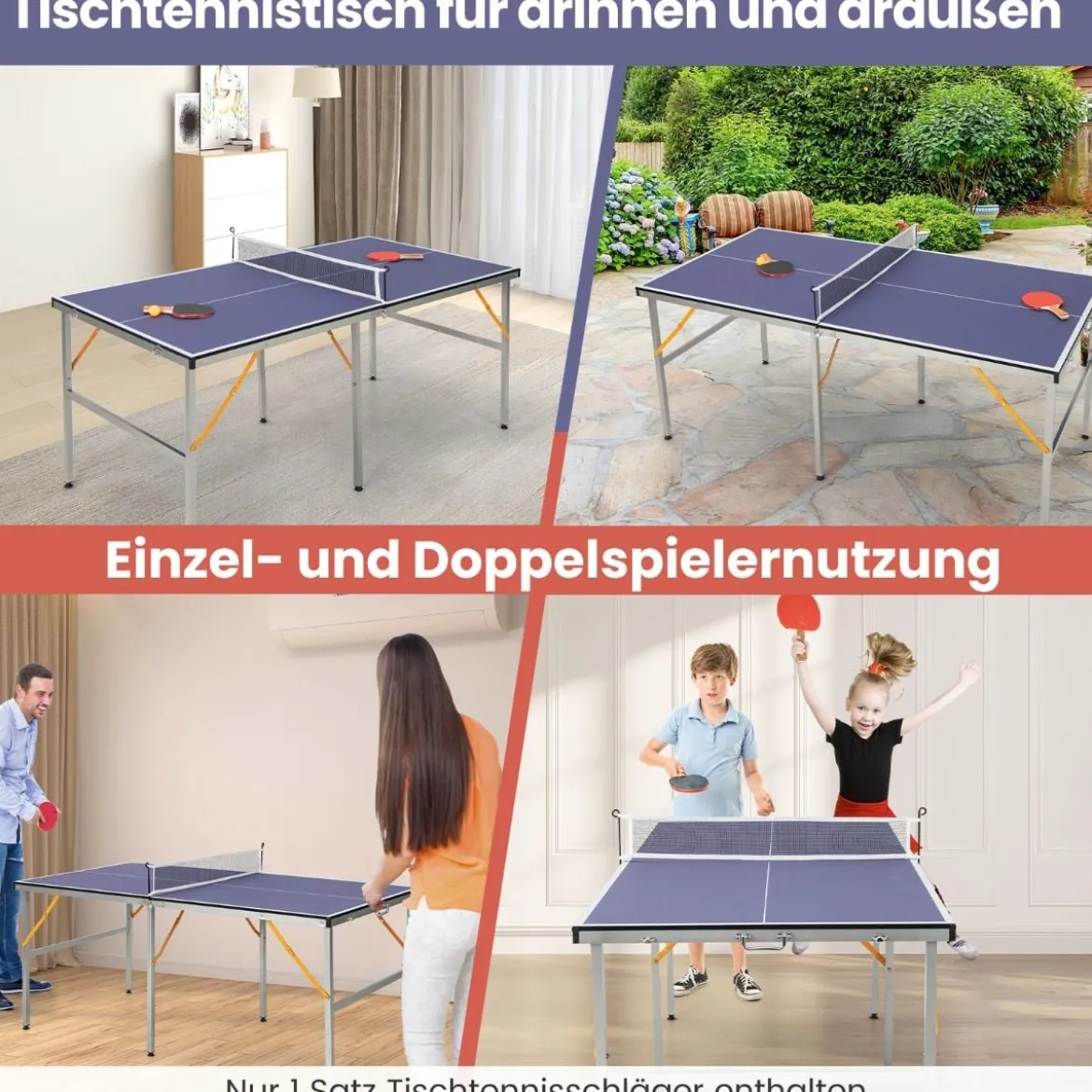 Tragbares Tischtennistisch-Set mit Netz & 2 Schlägern & 3 Bällen Mini Tischtennistisch