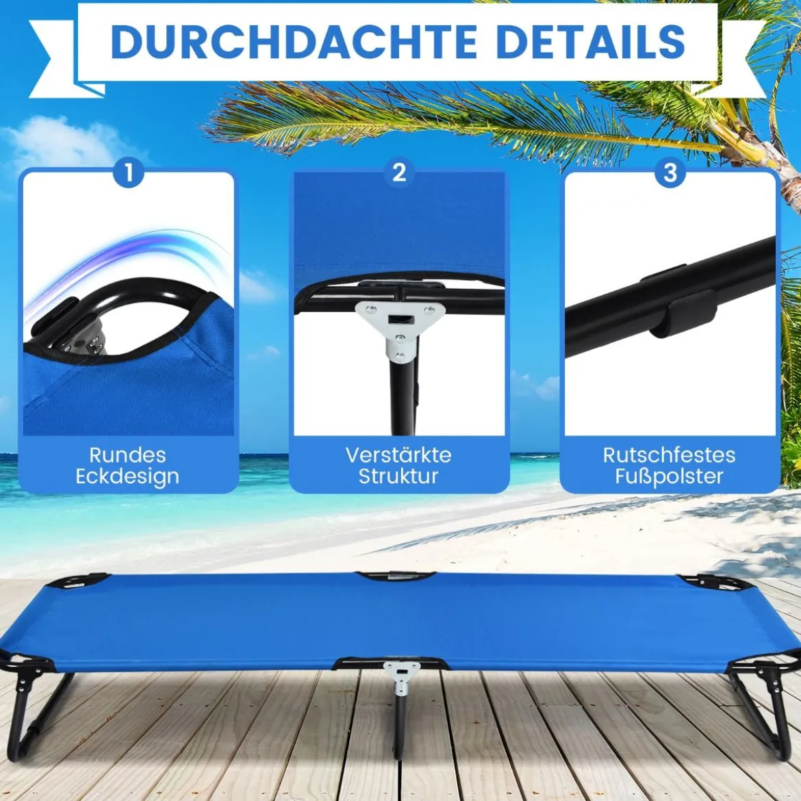 Tragbares zusammenklappbares Campingbett 190 cm Langes Stoff-Schlafbett Blau