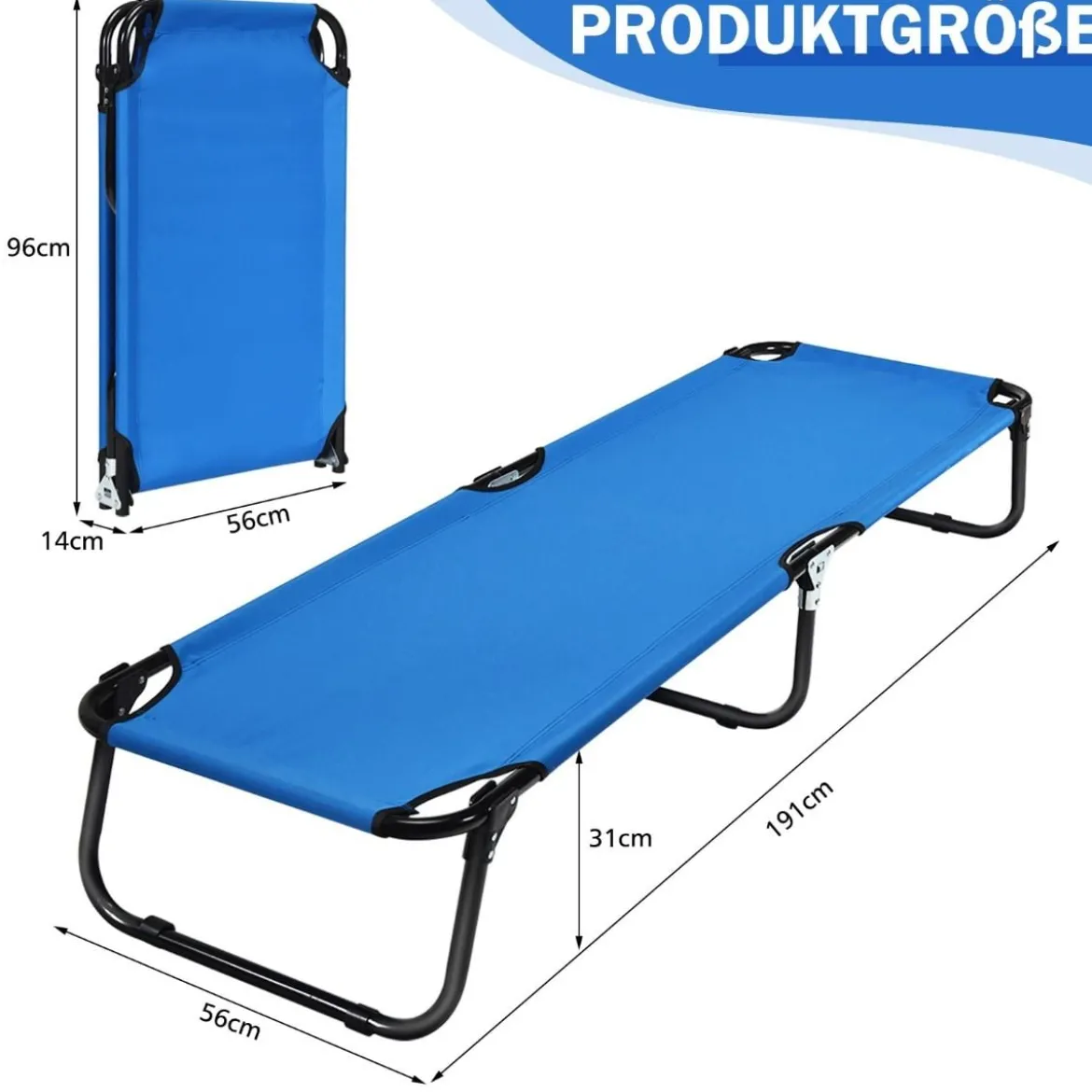 Tragbares zusammenklappbares Campingbett 190 cm Langes Stoff-Schlafbett Blau