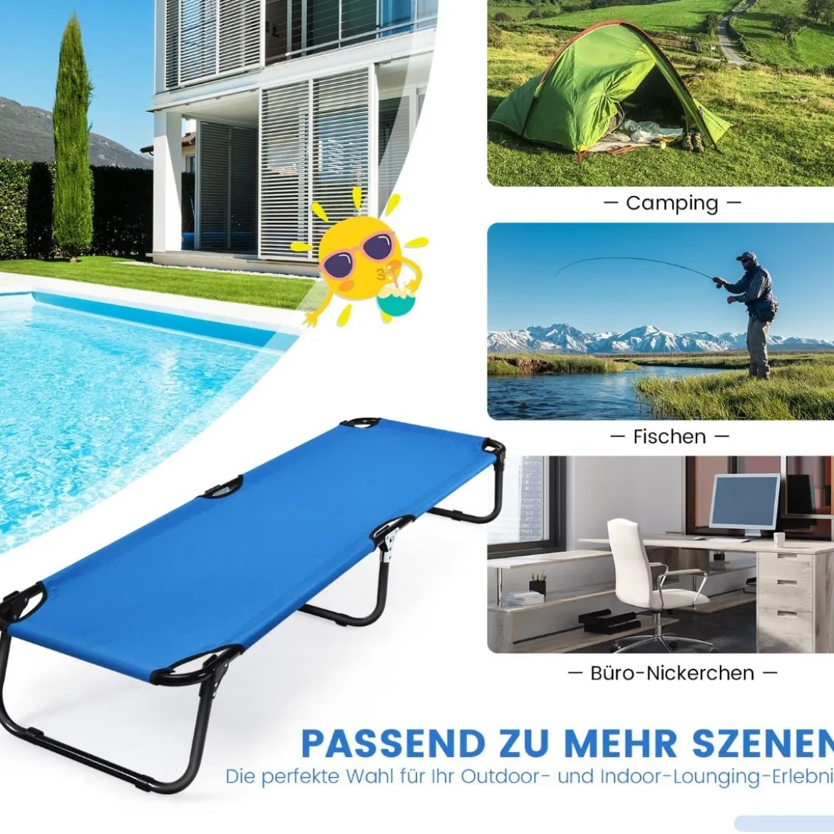Tragbares zusammenklappbares Campingbett 190 cm Langes Stoff-Schlafbett Blau