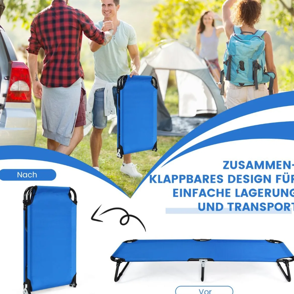 Tragbares zusammenklappbares Campingbett 190 cm Langes Stoff-Schlafbett Blau
