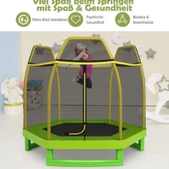 Trampolin bis 150 kg für Kinder mit Sicherheitsnetz und Federkissen 223 x 223 x 186 cm Gelb