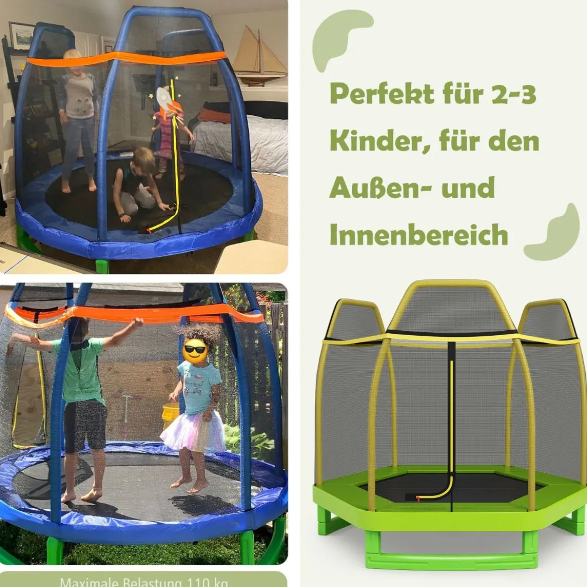 Trampolin bis 150 kg für Kinder mit Sicherheitsnetz und Federkissen 223 x 223 x 186 cm Gelb