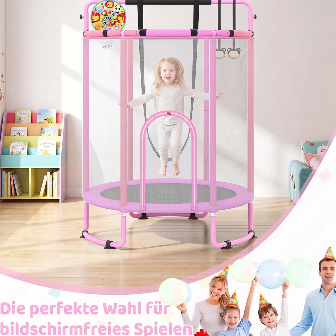 Trampolin für Kinder 154 cm 6 in 1 Kindertrampolin mit Turnstange Schaukel & Ringen