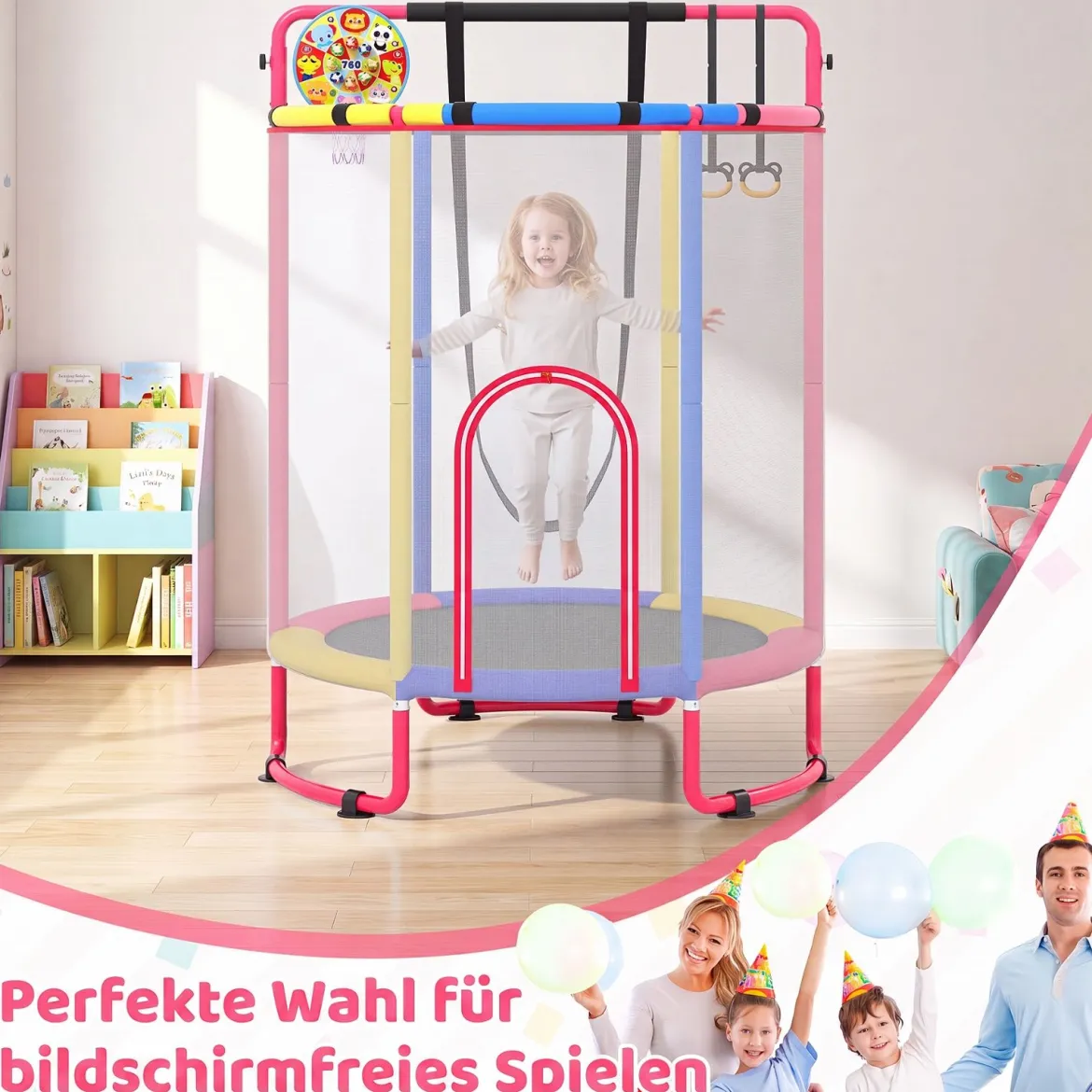 Trampolin für Kinder 154 cm 6 in 1 Kindertrampolin mit Turnstange Schaukel & Ringen