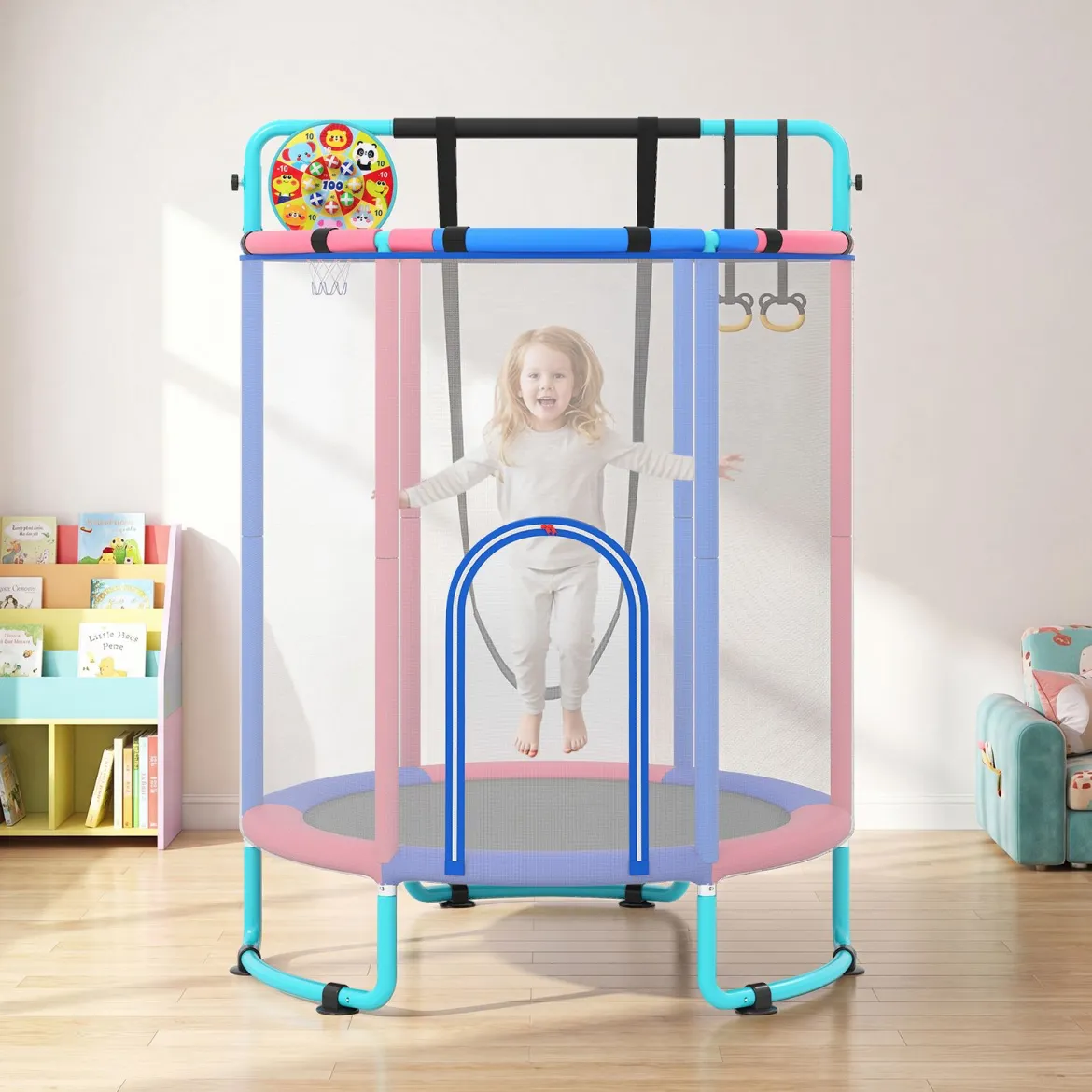 Trampolin für Kinder 154 cm 6 in 1 Kindertrampolin mit Turnstange Schaukel & Ringen