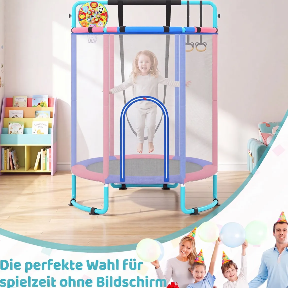 Trampolin für Kinder 154 cm 6 in 1 Kindertrampolin mit Turnstange Schaukel & Ringen