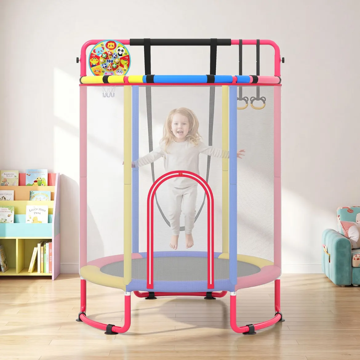 Trampolin für Kinder 154 cm 6 in 1 Kindertrampolin mit Turnstange Schaukel & Ringen