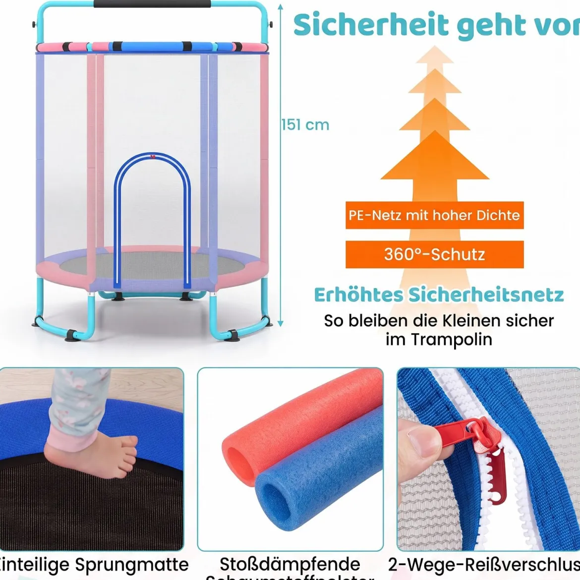 Trampolin für Kinder 154 cm 6 in 1 Kindertrampolin mit Turnstange Schaukel & Ringen