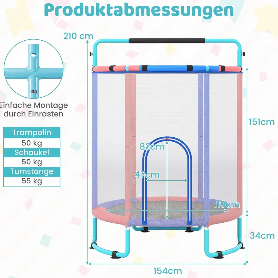 Trampolin für Kinder 154 cm 6 in 1 Kindertrampolin mit Turnstange Schaukel & Ringen
