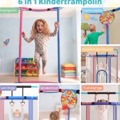 Trampolin für Kinder 154 cm 6 in 1 Kindertrampolin mit Turnstange Schaukel & Ringen