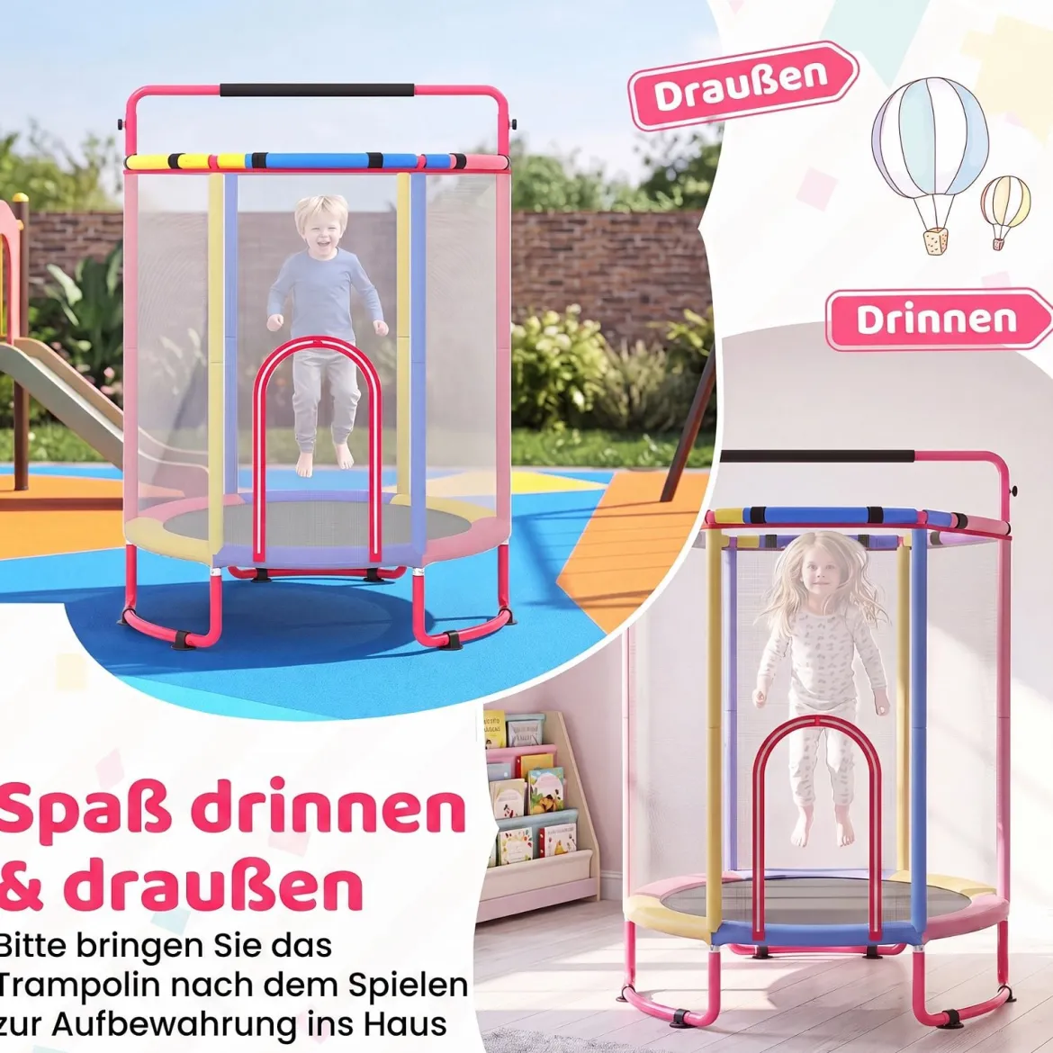 Trampolin für Kinder 154 cm 6 in 1 Kindertrampolin mit Turnstange Schaukel & Ringen