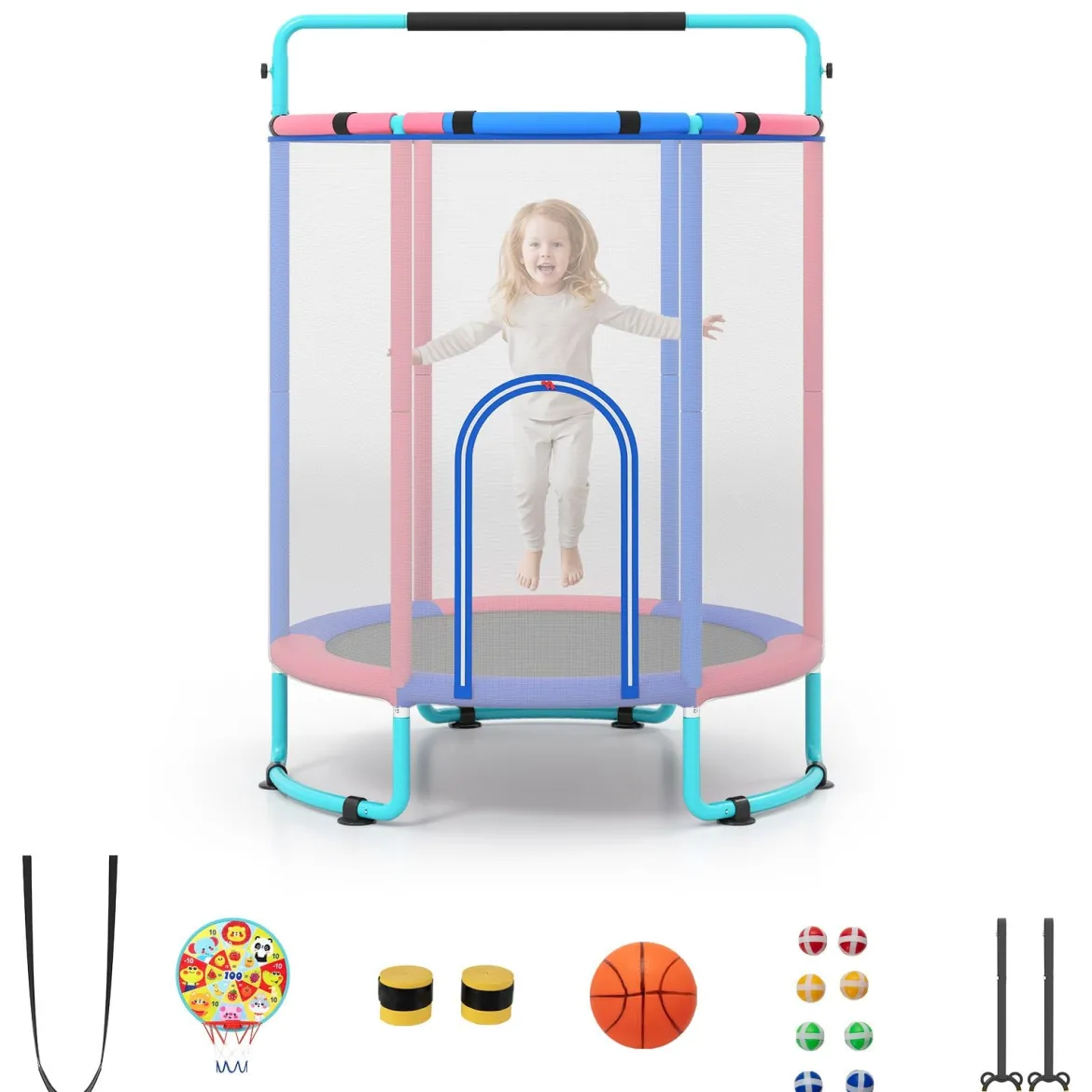 Trampolin für Kinder 154 cm 6 in 1 Kindertrampolin mit Turnstange Schaukel & Ringen