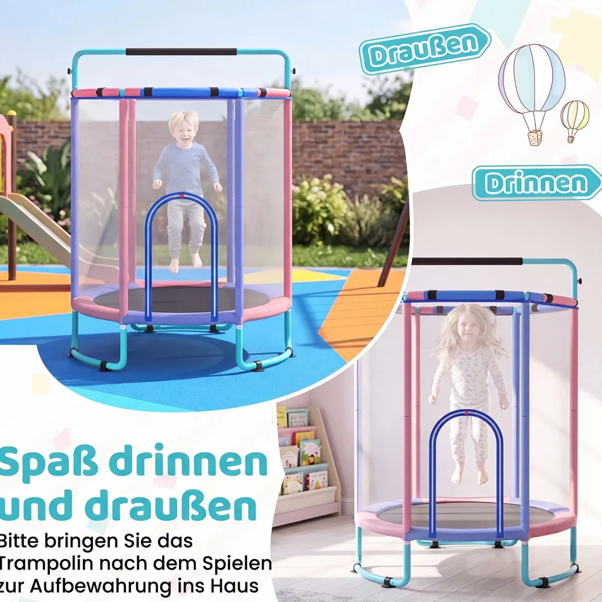Trampolin für Kinder 154 cm 6 in 1 Kindertrampolin mit Turnstange Schaukel & Ringen