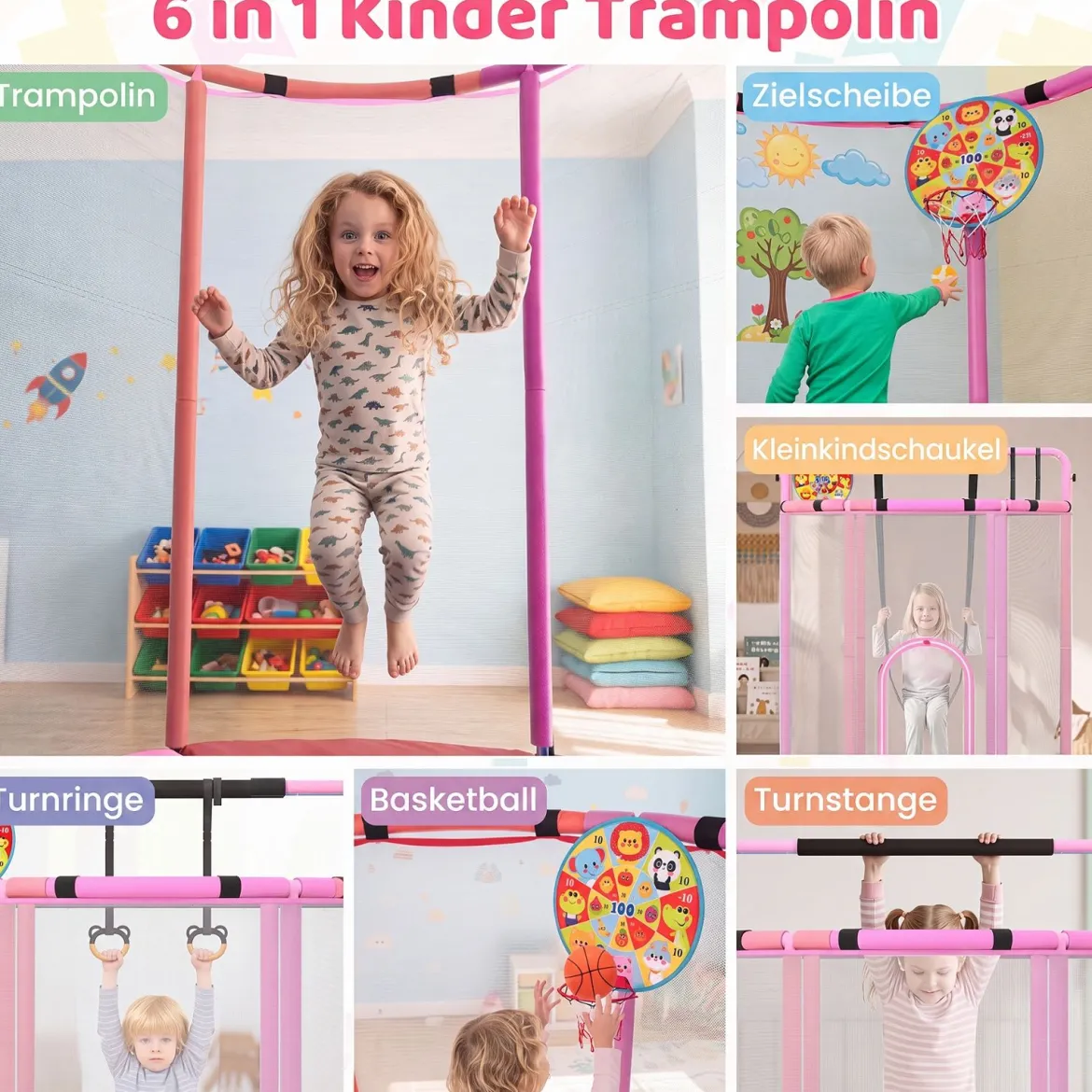 Trampolin für Kinder 154 cm 6 in 1 Kindertrampolin mit Turnstange Schaukel & Ringen