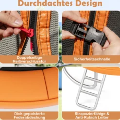 Trampolin outdoor mit Leiter Gartentrampolin rund mit Sicherheitsnetz Randabdeckung & Metallrahmen Ø366cm Orange