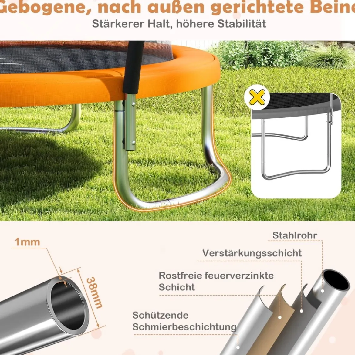 Trampolin outdoor mit Leiter Gartentrampolin rund mit Sicherheitsnetz Ø244cm Orange