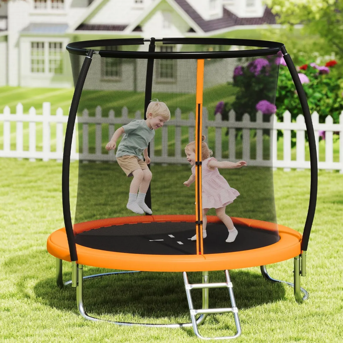 Trampolin outdoor mit Leiter Gartentrampolin rund mit Sicherheitsnetz Ø244cm Orange