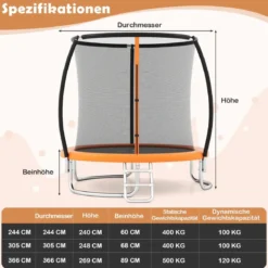 Trampolin outdoor mit Leiter Gartentrampolin rund mit Sicherheitsnetz Ø244cm Orange