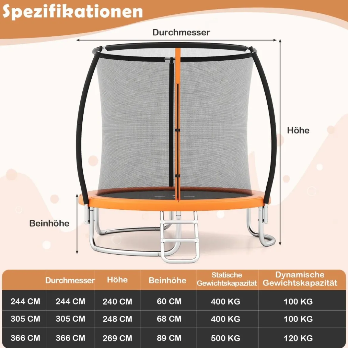 Trampolin outdoor mit Leiter Gartentrampolin rund mit Sicherheitsnetz Ø244cm Orange