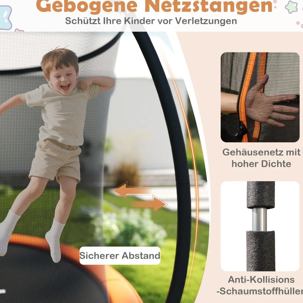 Trampolin outdoor mit Leiter Gartentrampolin rund mit Sicherheitsnetz Randabdeckung & Metallrahmen Ø305cm Orange