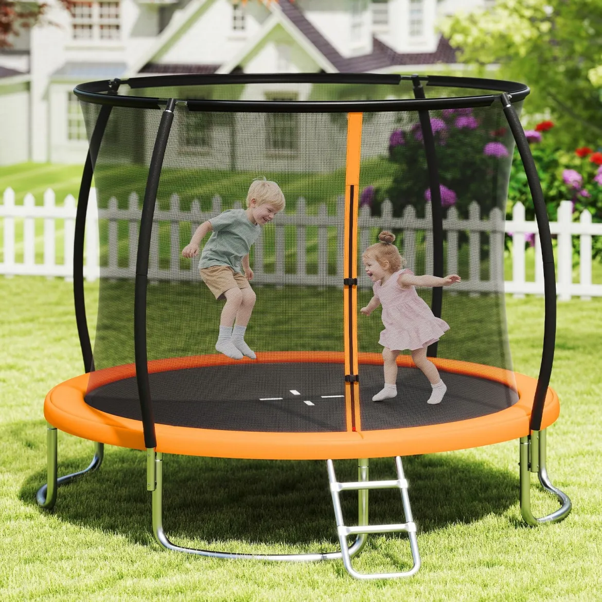 Trampolin outdoor mit Leiter Gartentrampolin rund mit Sicherheitsnetz Randabdeckung & Metallrahmen Ø305cm Orange
